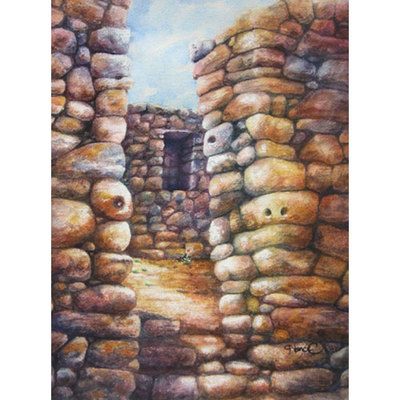 Painting of entrance to ancient home in Pisac,  Peru with colorful rock walls .