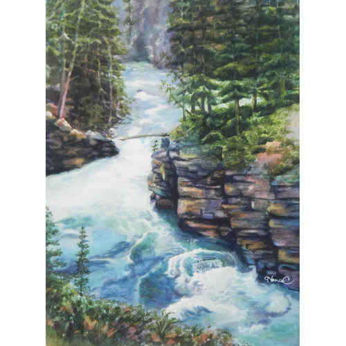 Painting of river canyon with rapids and colorful rocks in Jasper National Park.