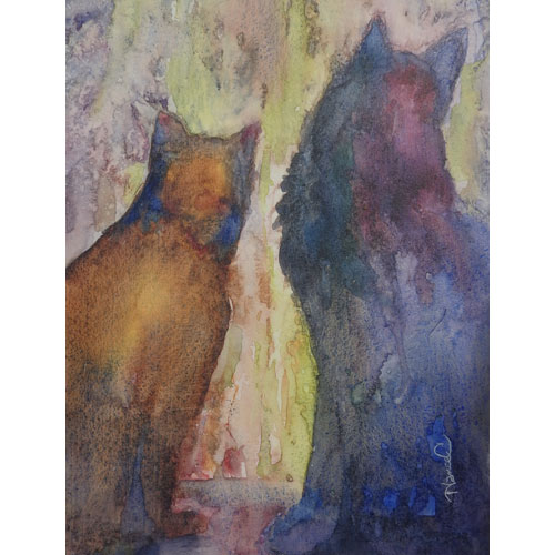 Watercolor painting on paper covered with gesso of two cats looking out a window painted in a very loose, drippy manner in mostly browns, golds and some blues.  