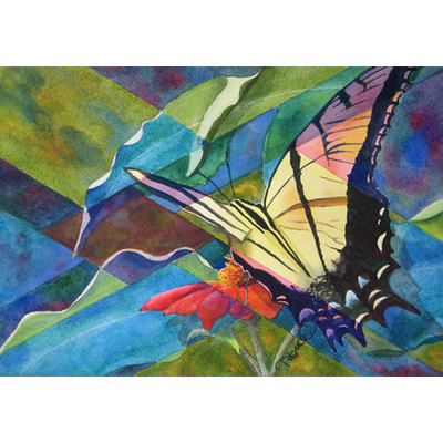 Painting of a tiger swallowtail butterfly on an orange flower as it might be seen through a stained-glass window.