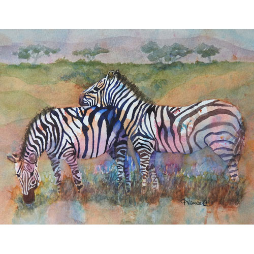 Colorful, loose watercolor painting of a zebra resting his head on another’s back with a soft landscape in background. 