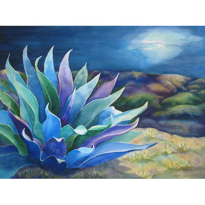 Painting of colorful agave plant with a hazy moon and rolling hills in the background.