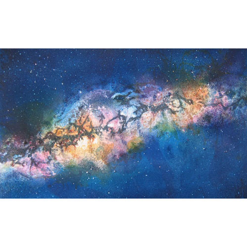 Painting of the Milky Way galaxy with colorful clouds and imaginary creatures in the dark spaces on a dark blue, starry background.