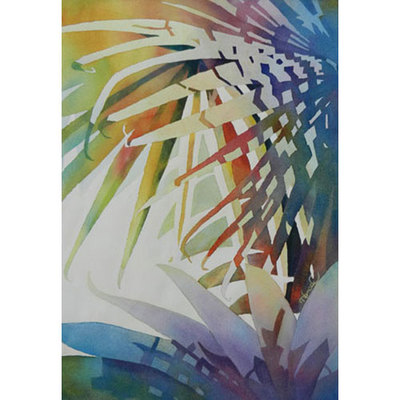 Colorful painting showing shadow patterns on fan palms and other leaves.