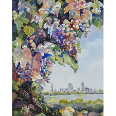 Painting of colorful grapes and grapevines with the skyline of Austin, Texas in the background.