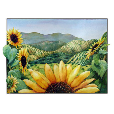 Painting of bright yellow sunflowers with a landscape of rolling hills of olive trees behind.