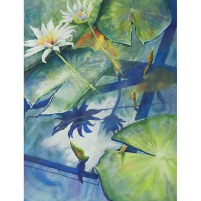 Painting of waterlilies and pads on top of water showing reflections of window supports with a below surface carp.