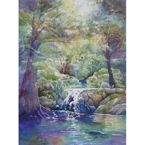 : A Lake Austin tributary waterfall with cypress tree painted in dreamy colors. 