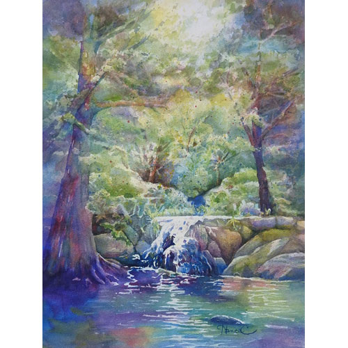 A Lake Austin tributary waterfall with cypress tree painted in dreamy colors. 