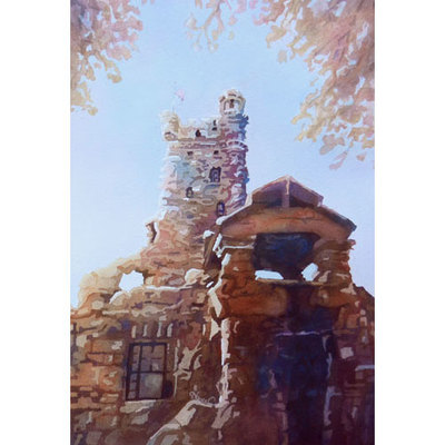 Painting of Alster tower by Boldt Castle in 1,000 Islands region.