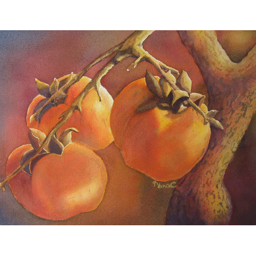 Watercolor painting of three persimmons on a branch with a textured tree trunk all in gold, orange and brown.