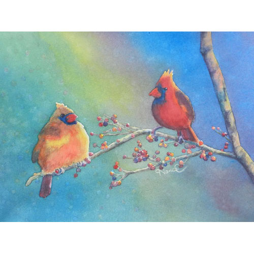 : Watercolor painting of a male and female cardinal on a branch with red berries and diagonal sky with rainbow colors. 