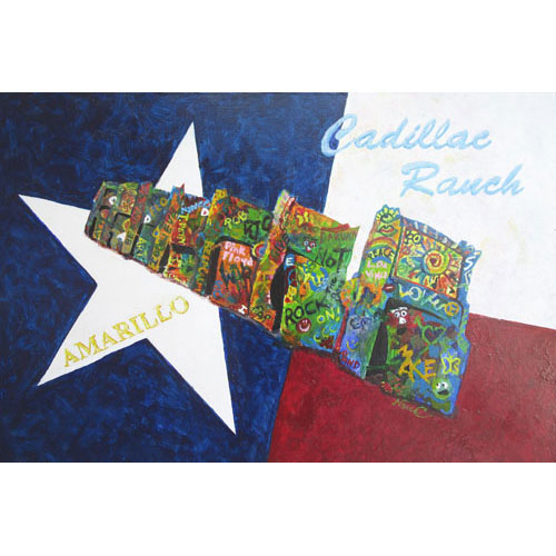 A bright acrylic painting on canvas showing 10 old Cadillacs buried nose first in the ground set on the state of Texas flag complete with fun graffiti.