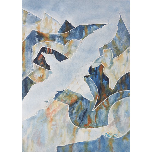 An abstracted watercolor painting with an albatross in flight and head in blues and rust colors