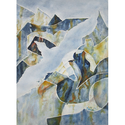 : An abstracted watercolor painting with an albatross in flight and head in blues and rust colors.  