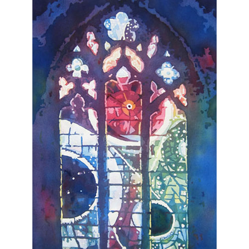 Watercolor painting of moon rock window in the National Cathedral with swirls of blue, green and red.  Lots of planets and stars too.
