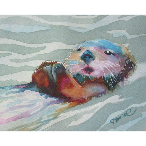Watercolor painting of a sea otter on his back in a calm sound by Seward, Alaska in blue, green, purple and a rusty red