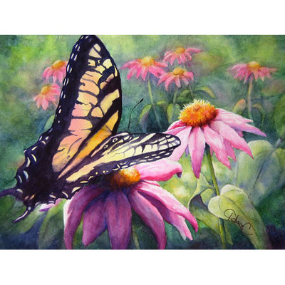 Painting of a yellow tiger swallowtail butterfly on a field of pink coneflowers.