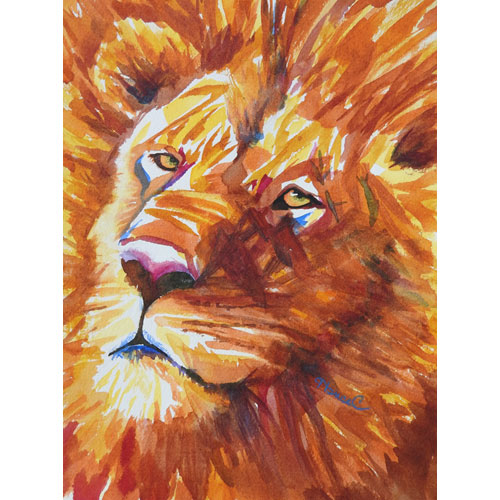 Watercolor painting of the head of a male lion with soulful eyes painted in vigorous brush strokes of orange yellow and brown