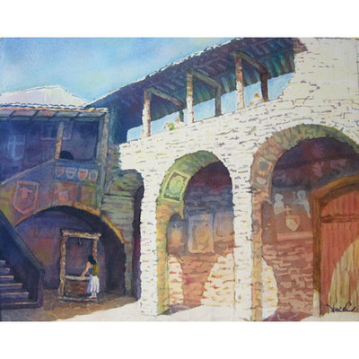 Painting of a stone courtyard in San Gimignano, Italy with a well, staircase, upper covered walkway and lower arched walkway.