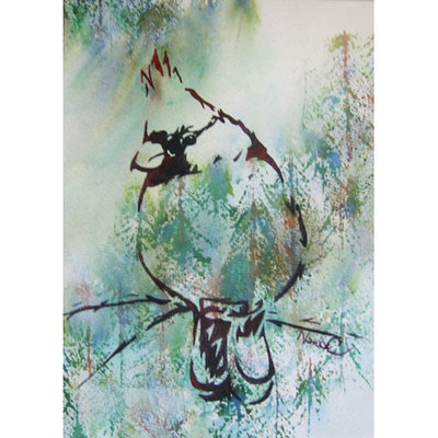 Stylized painting of stamped pine trees with cardinal on a branch sketch superimposed. 