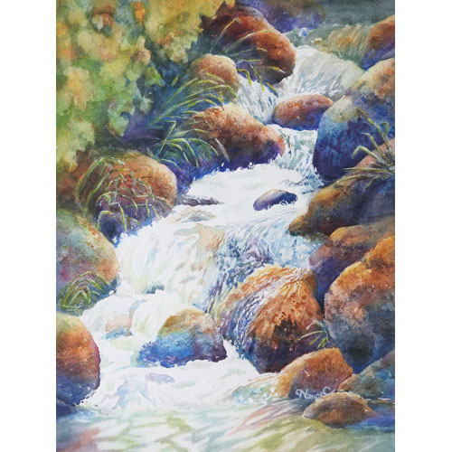 A colorful watercolor painting of a small waterfall emptying into a pool with rounded, smooth rocks and green vegetation on either side of the waterfall.  