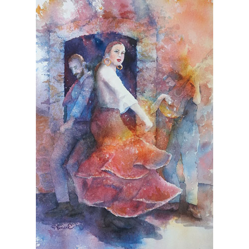 Painting of a female and male flamenco dancers in Barcelona moving to music of a guitarist with a dark, arched doorway behind them.