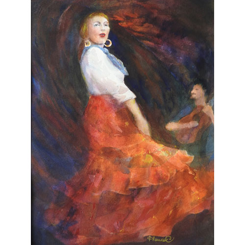 This is a Spanish Flamenco female dancer with her guitarist dancing with colorful multi-colored swirls.