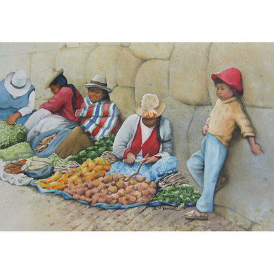 Painting of a market street scene in Cusco, Peru showing women sitting by a stone wall and a child leaning on the wall surrounded by brightly colored vegetables.