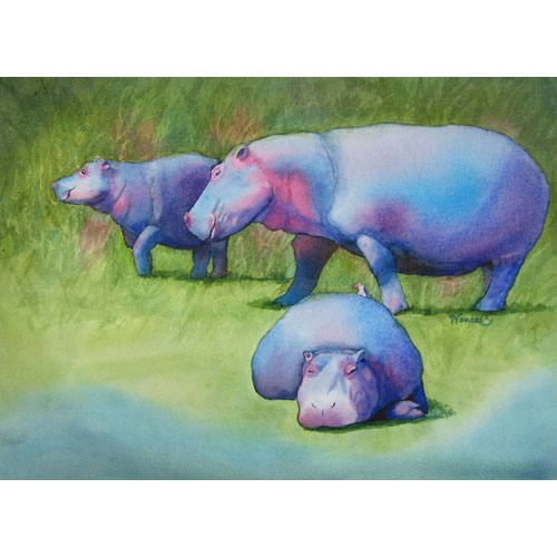 Three colorful hippos painted in blue, pink and purple that could be a mom, baby and dad walking and resting in some green grass by some water.