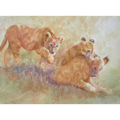 Watercolor painting of a lion cub stalking two others who were wrestling in the tall, golden grass. 