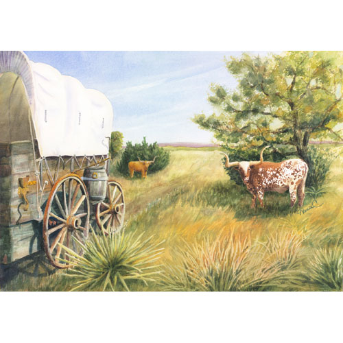 Painting of a ranch in the Texas with longhorns, an old covered wagon and hill country landscape