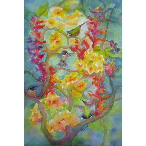 A loose, colorful vertical painting of five hummingbirds surrounded by yellow, orange and red flowers.