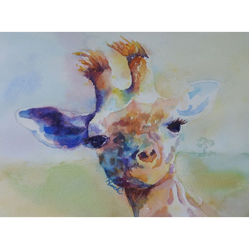 A colorful, whimsical watercolor painting of a young giraffe with ears out looking straight on at the viewer. 