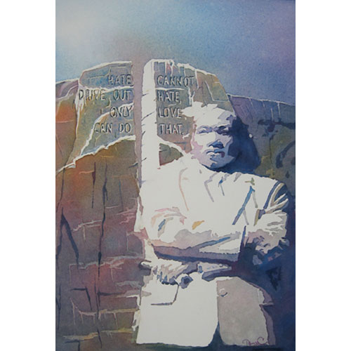 Martin Luther King monument watercolor painting with hate/love quote on colorful rock with mostly blues and lavenders