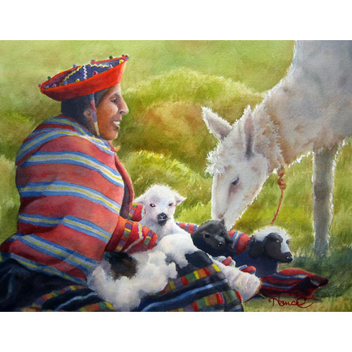 watercolor painting of a Peruvian lady dressed traditionally with red and blue with 3 baby llamas in her lap with mama llama nuzzling the babies and a green background.. 