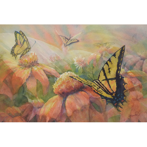watercolor painting with several partially transparent swallowtail butterflies in yellow and black visiting pink coneflowers with a large larger, lighter butterfly shape over part of the painting.