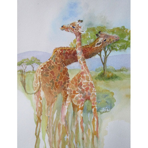 A soft, watercolor painting of two giraffes with entwined necks and typical savannah background in muted golds, greens and browns. 