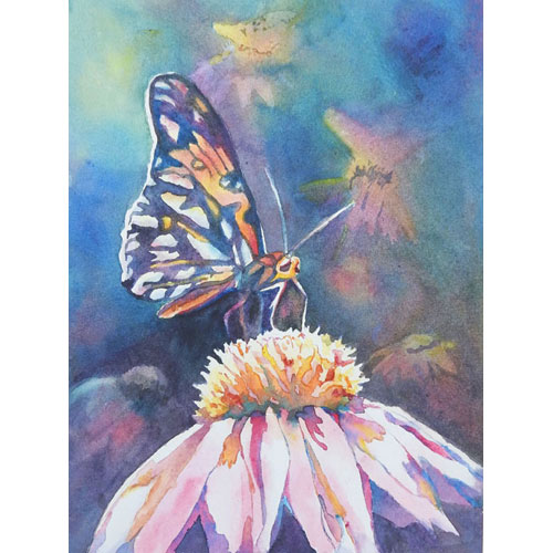 watercolor painting of a Painted Lady butterfly on top of a coneflower with ghost images of butterflies and coneflowers in pink, yellow, green and blue. 