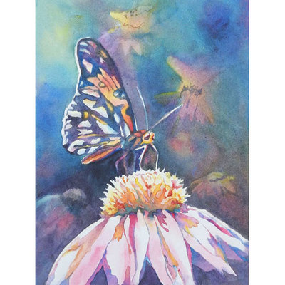 Painting of a Painted Lady butterfly on top of a coneflower with ghost images of butterflies and coneflowers.