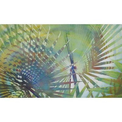 Painting of colorful fan palms with circular swirls showing shadow patterns.