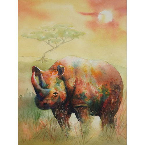 : Solitary, colorful Rhinoceros on grassland with sun setting in background illuminating the Rhino and a solitary tree.  Gold, green, blue, red, yellow and purple. 