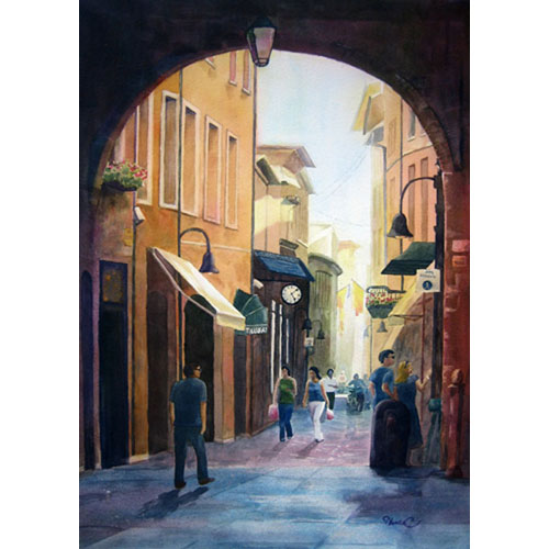 watercolor painting of dark, arched entrance to busy street scene in Ravenna, Italy in brown, gold and blue. 