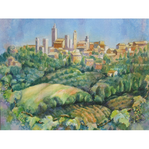 watercolor painting in blues, greens and gold shows a distant hilltop village in Tuscany with many towers.  In front are rolling hills bordered by a grapevine