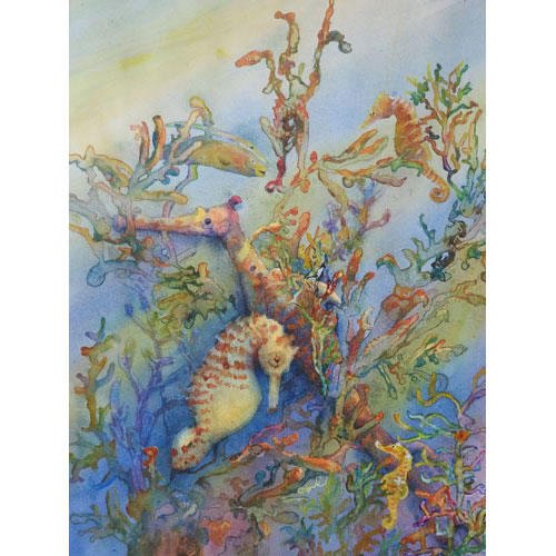 watercolor and acrylic painting of a few seahorses, fish and stylized seaweed painted with every color in the rainbow, but mostly blues, yellows, greens and orange.  