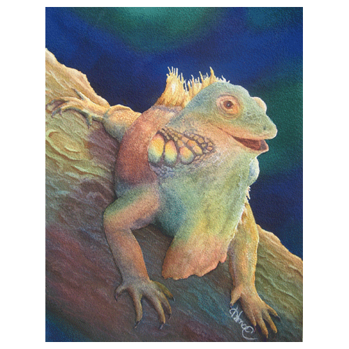 A colorful watercolor painting of a green iguana on a diagonal tree trunk with a bright blue and green background.