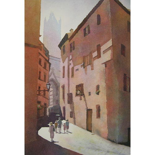 watercolor painting of Siena, Italy street scene with people strolling, colorful shadows in browns and hazy church tower in blues