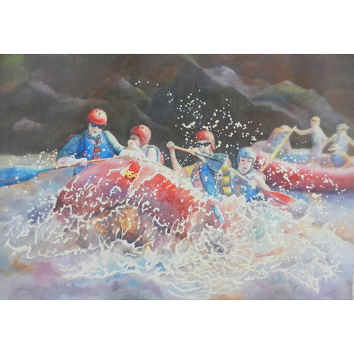 River rafting watercolor painting of rapids, boats and people in the Colorado River, Utah with a dark, rocky background done in blues, reds, lavender, yellow.