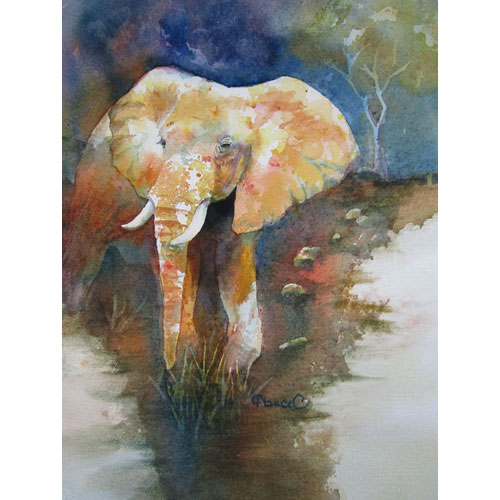 Watercolor painting of an African elephant stepping on a rocky, descending landscape with dark soft trees in the background. 