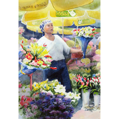 Painting of lady selling flowers under yellow umbrellas in Istanbul, Turkey.
